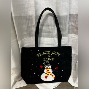 Peace, Love & Joy w/Snowman Corduroy black seasonal purse/bag VGUC